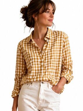 Garnet Hill Mustard Gingham Organic Pima Cotton Button Front Shirt Size 10